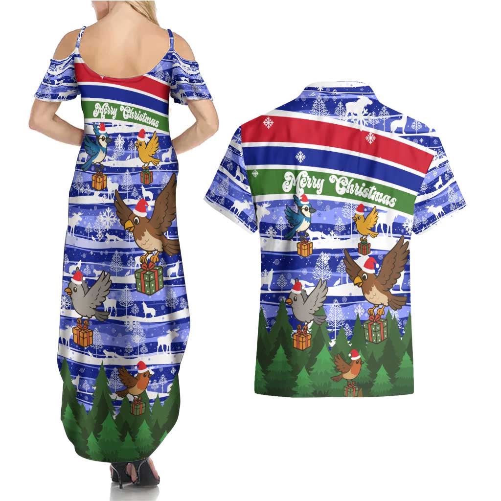 Gambia Christmas Couples Matching Summer Maxi Dress and Hawaiian Shirt with Santa Birds Gift Boxes Forest Scene and Snowflake Pattern Design - Wonder Print Shop
