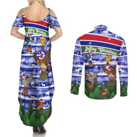 Gambia Christmas Couples Matching Summer Maxi Dress and Long Sleeve Button Shirt with Santa Birds Gift Boxes Forest Scene and Snowflake Pattern Design - Wonder Print Shop