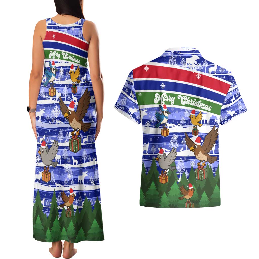 Gambia Christmas Couples Matching Tank Maxi Dress and Hawaiian Shirt with Santa Birds Gift Boxes Forest Scene and Snowflake Pattern Design - Wonder Print Shop