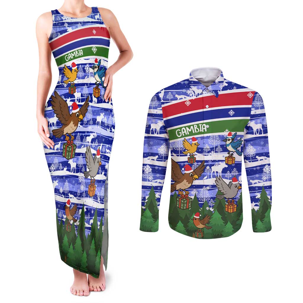 Gambia Christmas Couples Matching Tank Maxi Dress and Long Sleeve Button Shirt with Santa Birds Gift Boxes Forest Scene and Snowflake Pattern Design - Wonder Print Shop