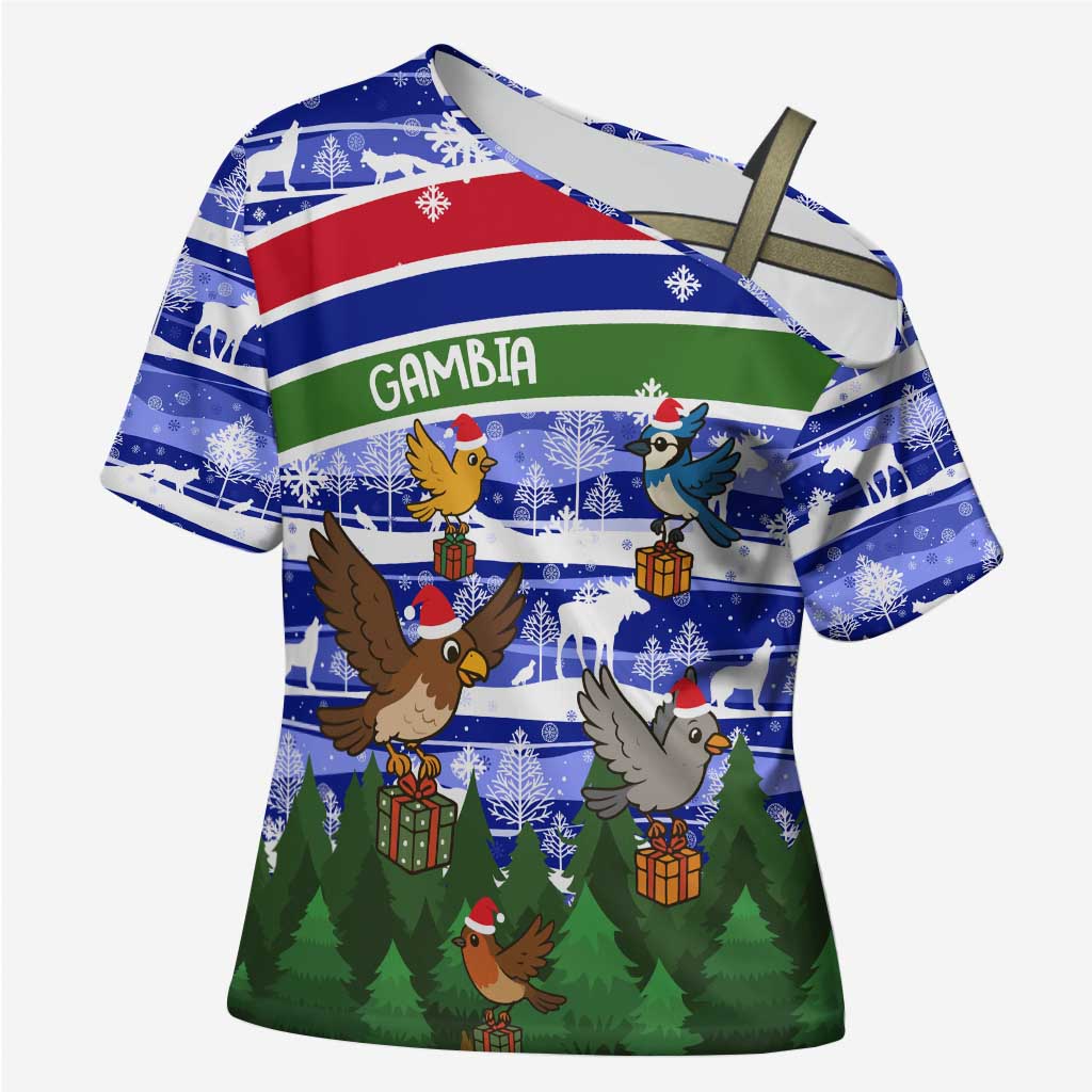 Gambia Christmas Cross Shoulder Shirt with Santa Birds Gift Boxes Forest Scene and Snowflake Pattern Design - Wonder Print Shop