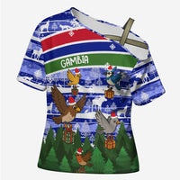 Gambia Christmas Cross Shoulder Shirt with Santa Birds Gift Boxes Forest Scene and Snowflake Pattern Design - Wonder Print Shop