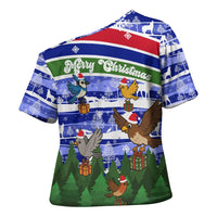 Gambia Christmas Cross Shoulder Shirt with Santa Birds Gift Boxes Forest Scene and Snowflake Pattern Design - Wonder Print Shop