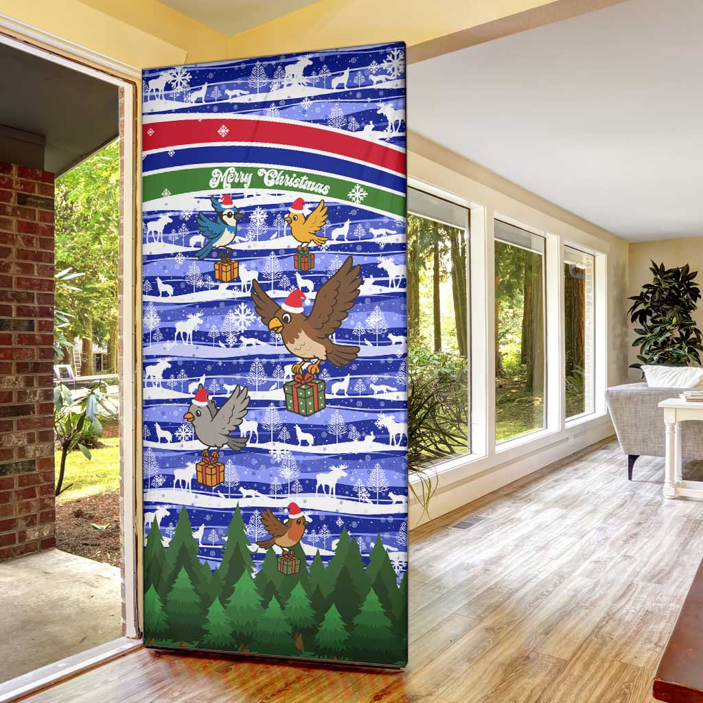 Gambia Christmas Door Cover with Santa Birds Gift Boxes Forest Scene and Snowflake Pattern Design - Wonder Print Shop