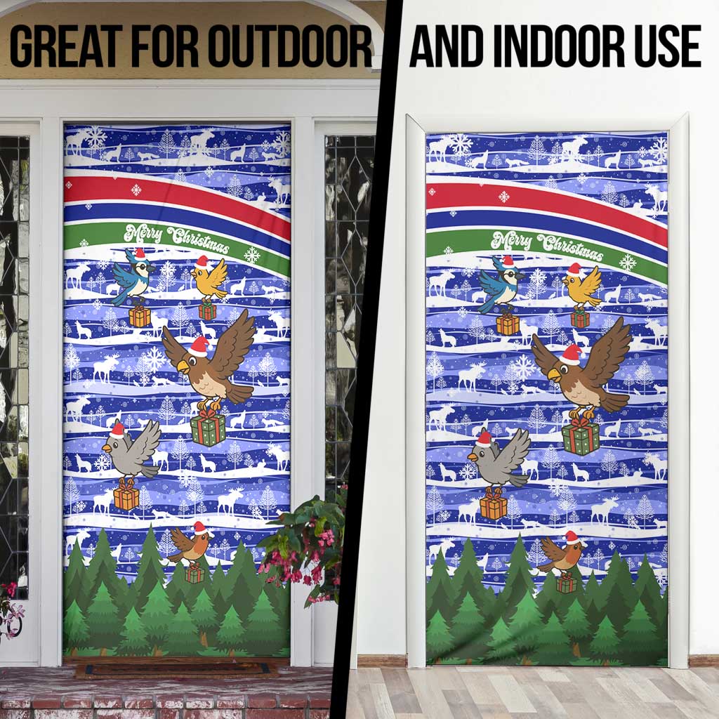 Gambia Christmas Door Cover with Santa Birds Gift Boxes Forest Scene and Snowflake Pattern Design - Wonder Print Shop