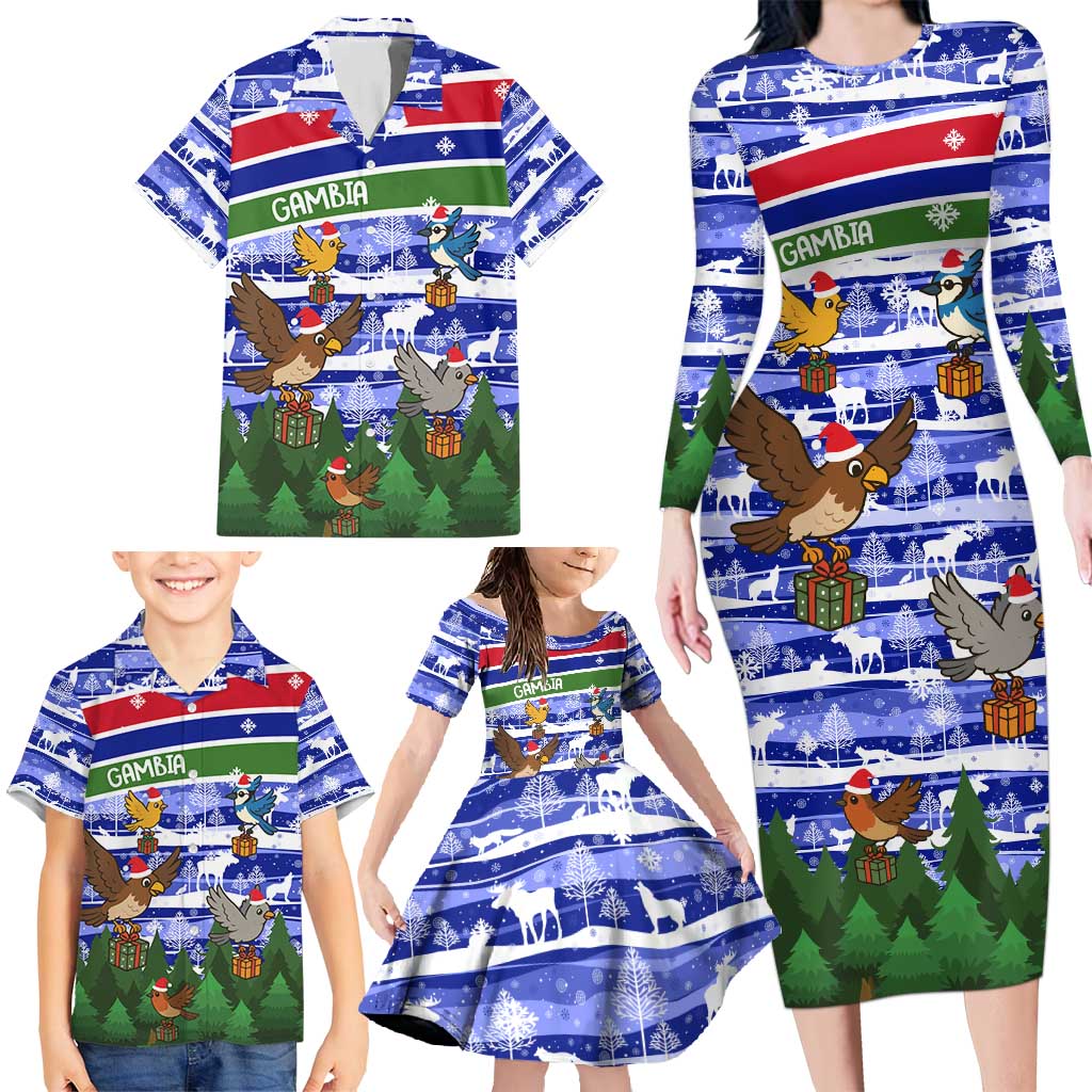 Gambia Christmas Family Matching Long Sleeve Bodycon Dress and Hawaiian Shirt with Santa Birds Gift Boxes Forest Scene and Snowflake Pattern Design - Wonder Print Shop