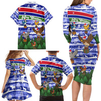 Gambia Christmas Family Matching Long Sleeve Bodycon Dress and Hawaiian Shirt with Santa Birds Gift Boxes Forest Scene and Snowflake Pattern Design - Wonder Print Shop