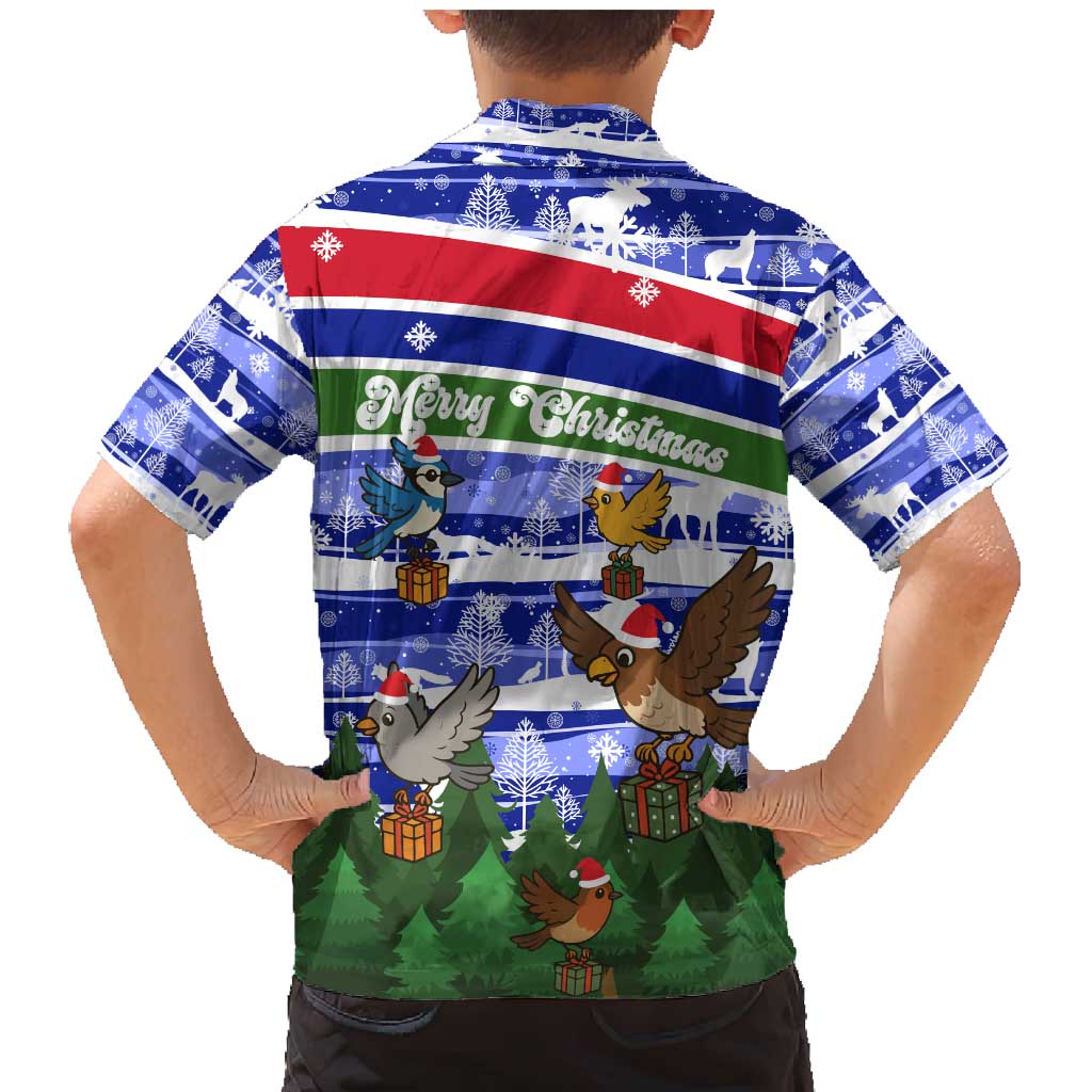 Gambia Christmas Family Matching Mermaid Dress and Hawaiian Shirt with Santa Birds Gift Boxes Forest Scene and Snowflake Pattern Design - Wonder Print Shop