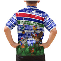 Gambia Christmas Family Matching Mermaid Dress and Hawaiian Shirt with Santa Birds Gift Boxes Forest Scene and Snowflake Pattern Design - Wonder Print Shop
