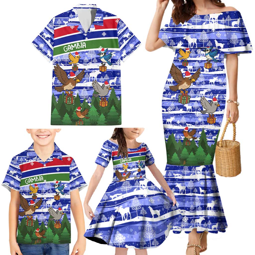 Gambia Christmas Family Matching Mermaid Dress and Hawaiian Shirt with Santa Birds Gift Boxes Forest Scene and Snowflake Pattern Design - Wonder Print Shop