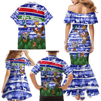 Gambia Christmas Family Matching Mermaid Dress and Hawaiian Shirt with Santa Birds Gift Boxes Forest Scene and Snowflake Pattern Design - Wonder Print Shop