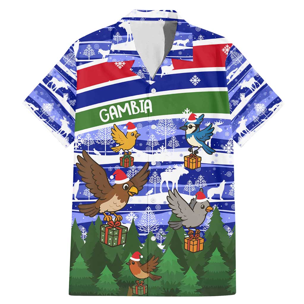 Gambia Christmas Family Matching Mermaid Dress and Hawaiian Shirt with Santa Birds Gift Boxes Forest Scene and Snowflake Pattern Design - Wonder Print Shop