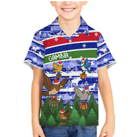 Gambia Christmas Family Matching Mermaid Dress and Hawaiian Shirt with Santa Birds Gift Boxes Forest Scene and Snowflake Pattern Design - Wonder Print Shop
