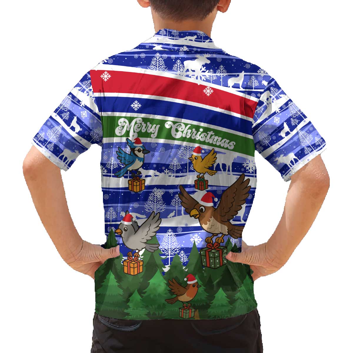 Gambia Christmas Family Matching Off The Shoulder Long Sleeve Dress and Hawaiian Shirt with Santa Birds Gift Boxes Forest Scene and Snowflake Pattern Design - Wonder Print Shop
