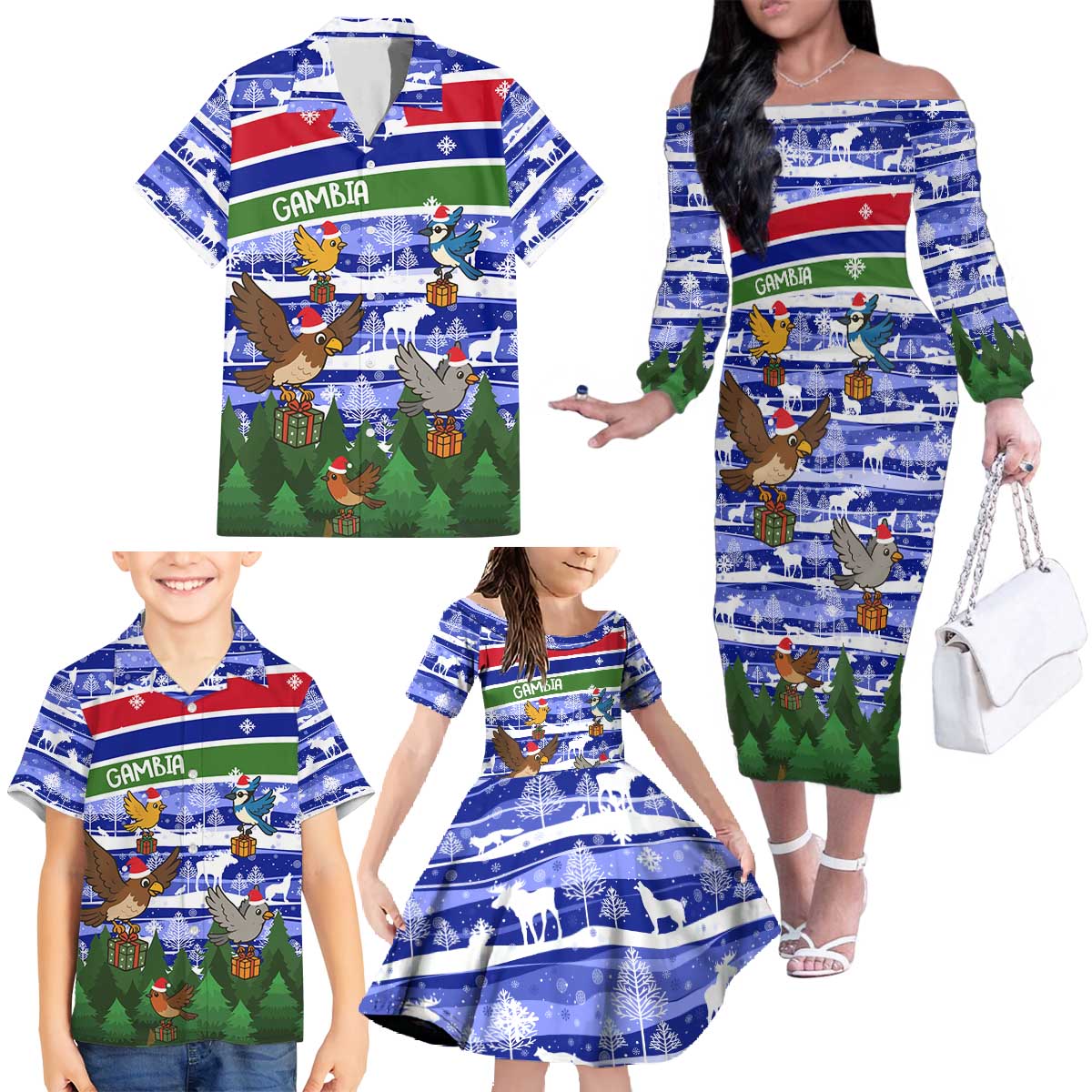 Gambia Christmas Family Matching Off The Shoulder Long Sleeve Dress and Hawaiian Shirt with Santa Birds Gift Boxes Forest Scene and Snowflake Pattern Design - Wonder Print Shop