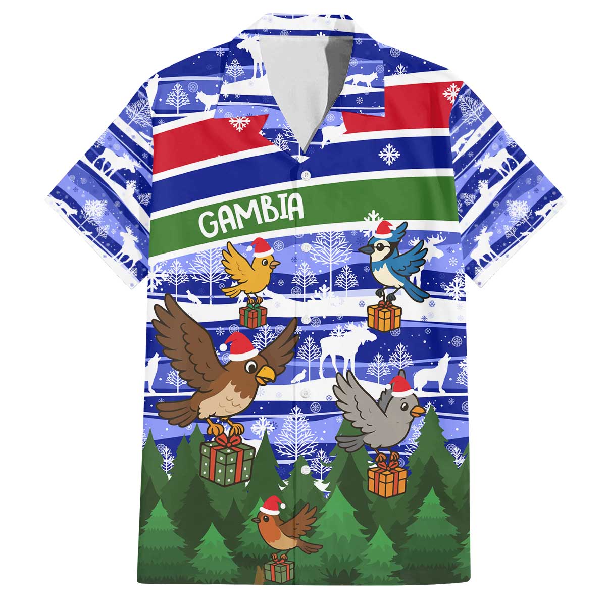 Gambia Christmas Family Matching Off The Shoulder Long Sleeve Dress and Hawaiian Shirt with Santa Birds Gift Boxes Forest Scene and Snowflake Pattern Design - Wonder Print Shop