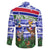 Gambia Christmas Family Matching Off The Shoulder Long Sleeve Dress and Hawaiian Shirt with Santa Birds Gift Boxes Forest Scene and Snowflake Pattern Design - Wonder Print Shop