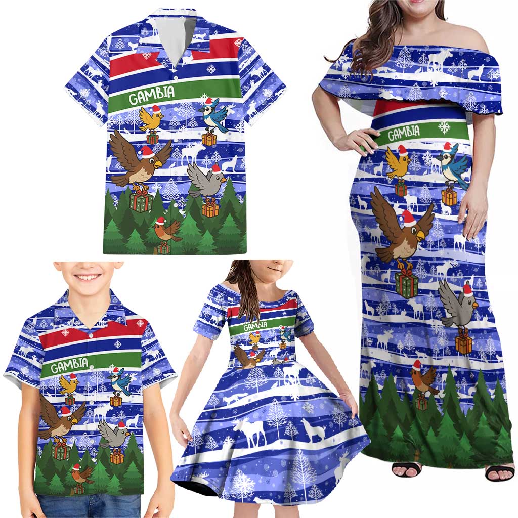 Gambia Christmas Family Matching Off Shoulder Maxi Dress and Hawaiian Shirt with Santa Birds Gift Boxes Forest Scene and Snowflake Pattern Design - Wonder Print Shop