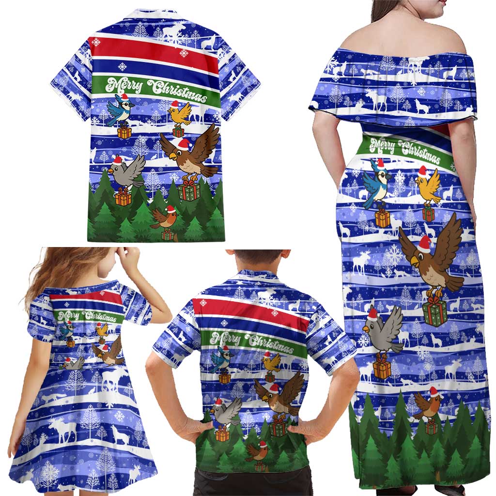 Gambia Christmas Family Matching Off Shoulder Maxi Dress and Hawaiian Shirt with Santa Birds Gift Boxes Forest Scene and Snowflake Pattern Design - Wonder Print Shop