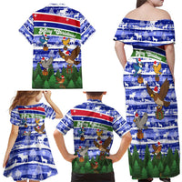 Gambia Christmas Family Matching Off Shoulder Maxi Dress and Hawaiian Shirt with Santa Birds Gift Boxes Forest Scene and Snowflake Pattern Design - Wonder Print Shop