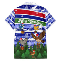 Gambia Christmas Family Matching Off Shoulder Maxi Dress and Hawaiian Shirt with Santa Birds Gift Boxes Forest Scene and Snowflake Pattern Design - Wonder Print Shop