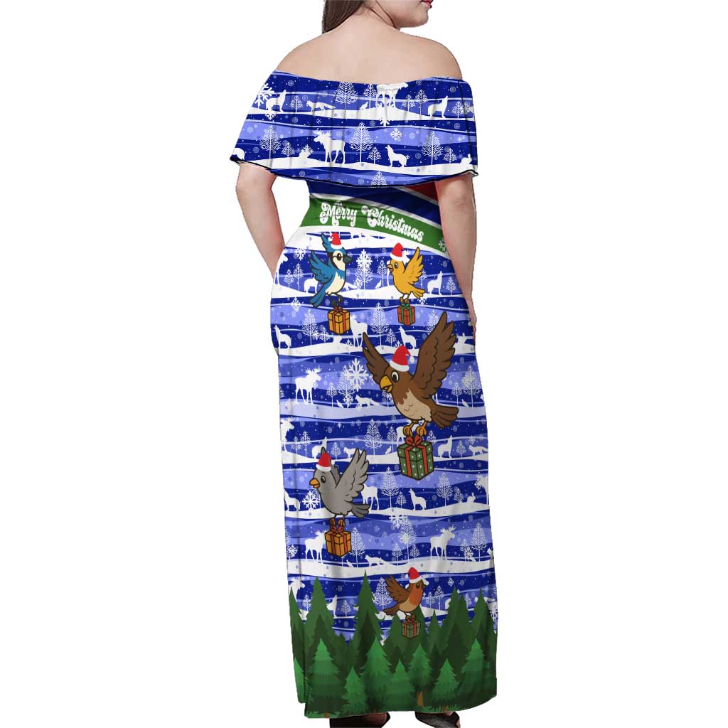 Gambia Christmas Family Matching Off Shoulder Maxi Dress and Hawaiian Shirt with Santa Birds Gift Boxes Forest Scene and Snowflake Pattern Design - Wonder Print Shop