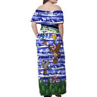 Gambia Christmas Family Matching Off Shoulder Maxi Dress and Hawaiian Shirt with Santa Birds Gift Boxes Forest Scene and Snowflake Pattern Design - Wonder Print Shop