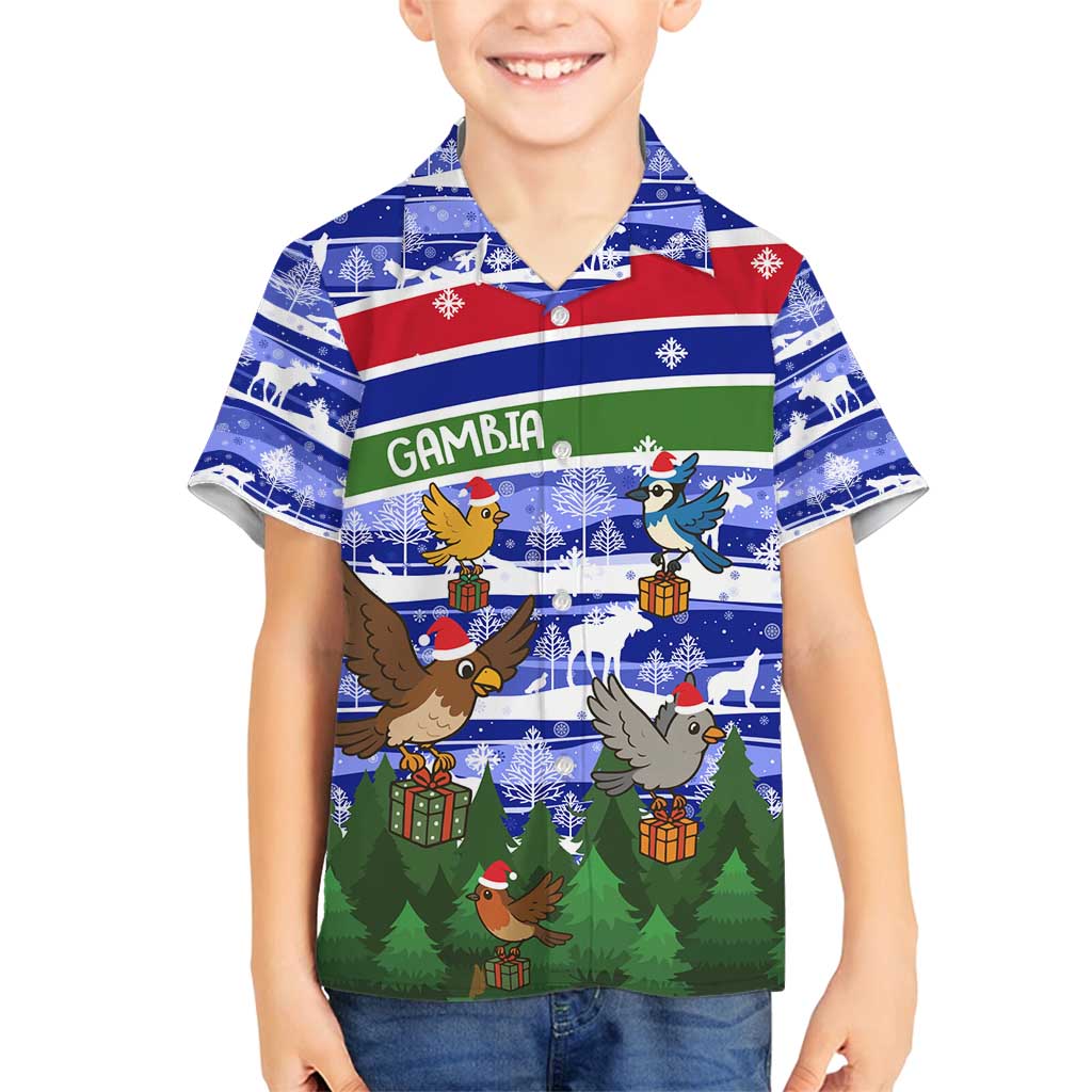 Gambia Christmas Family Matching Off Shoulder Maxi Dress and Hawaiian Shirt with Santa Birds Gift Boxes Forest Scene and Snowflake Pattern Design - Wonder Print Shop