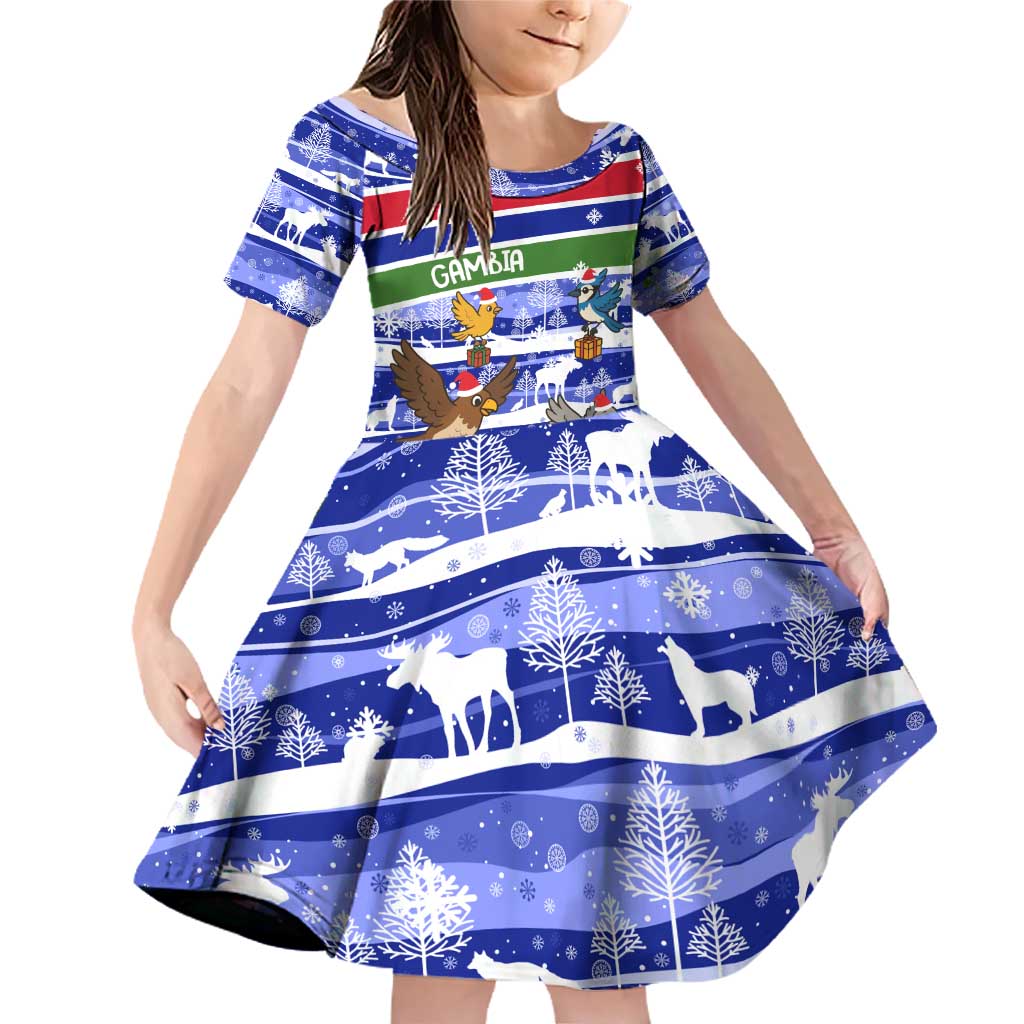 Gambia Christmas Family Matching Off Shoulder Short Dress and Hawaiian Shirt with Santa Birds Gift Boxes Forest Scene and Snowflake Pattern Design - Wonder Print Shop