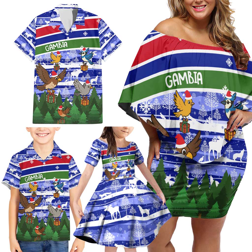 Gambia Christmas Family Matching Off Shoulder Short Dress and Hawaiian Shirt with Santa Birds Gift Boxes Forest Scene and Snowflake Pattern Design - Wonder Print Shop