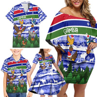 Gambia Christmas Family Matching Off Shoulder Short Dress and Hawaiian Shirt with Santa Birds Gift Boxes Forest Scene and Snowflake Pattern Design - Wonder Print Shop