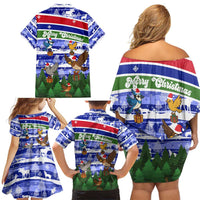 Gambia Christmas Family Matching Off Shoulder Short Dress and Hawaiian Shirt with Santa Birds Gift Boxes Forest Scene and Snowflake Pattern Design - Wonder Print Shop