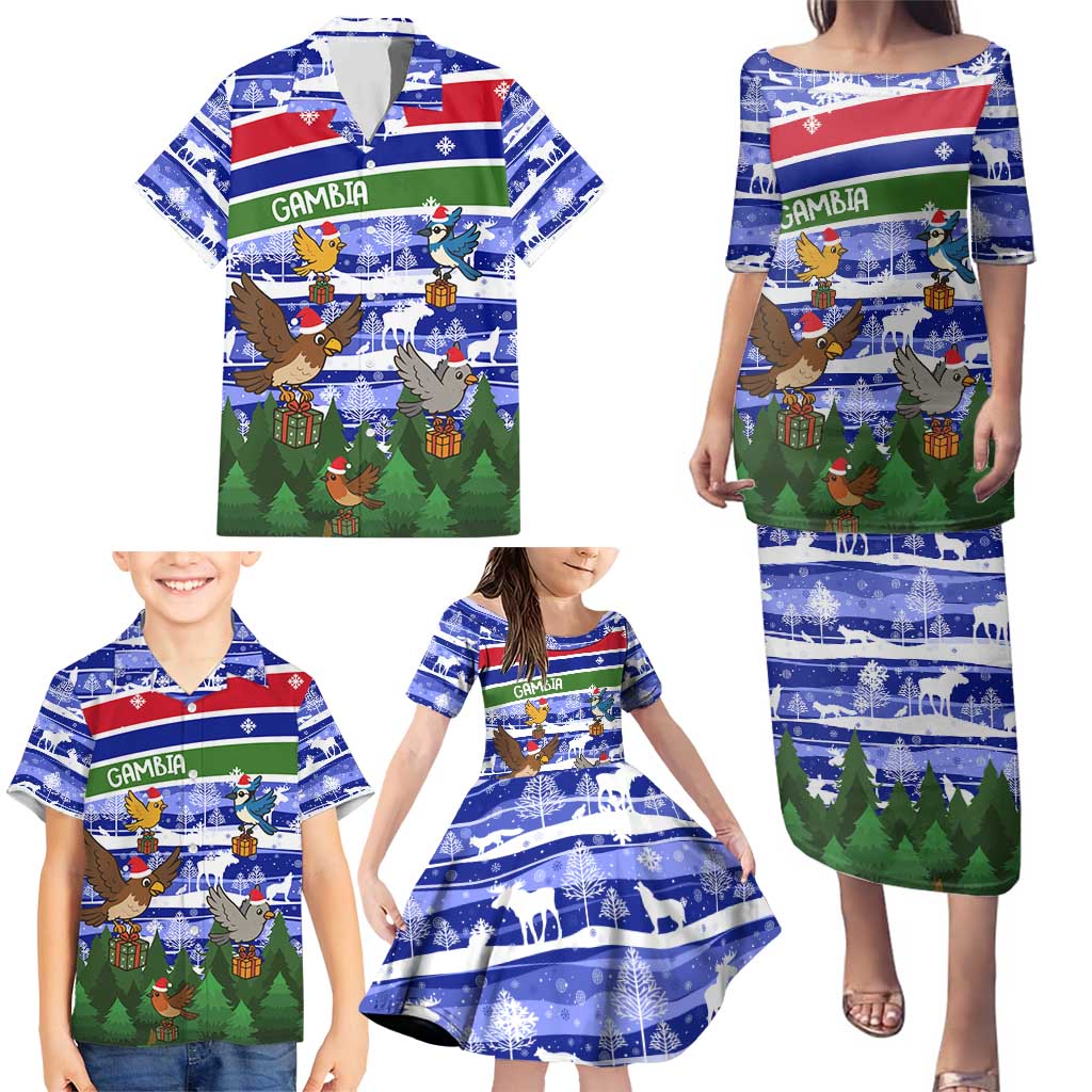 Gambia Christmas Family Matching Puletasi and Hawaiian Shirt with Santa Birds Gift Boxes Forest Scene and Snowflake Pattern Design - Wonder Print Shop