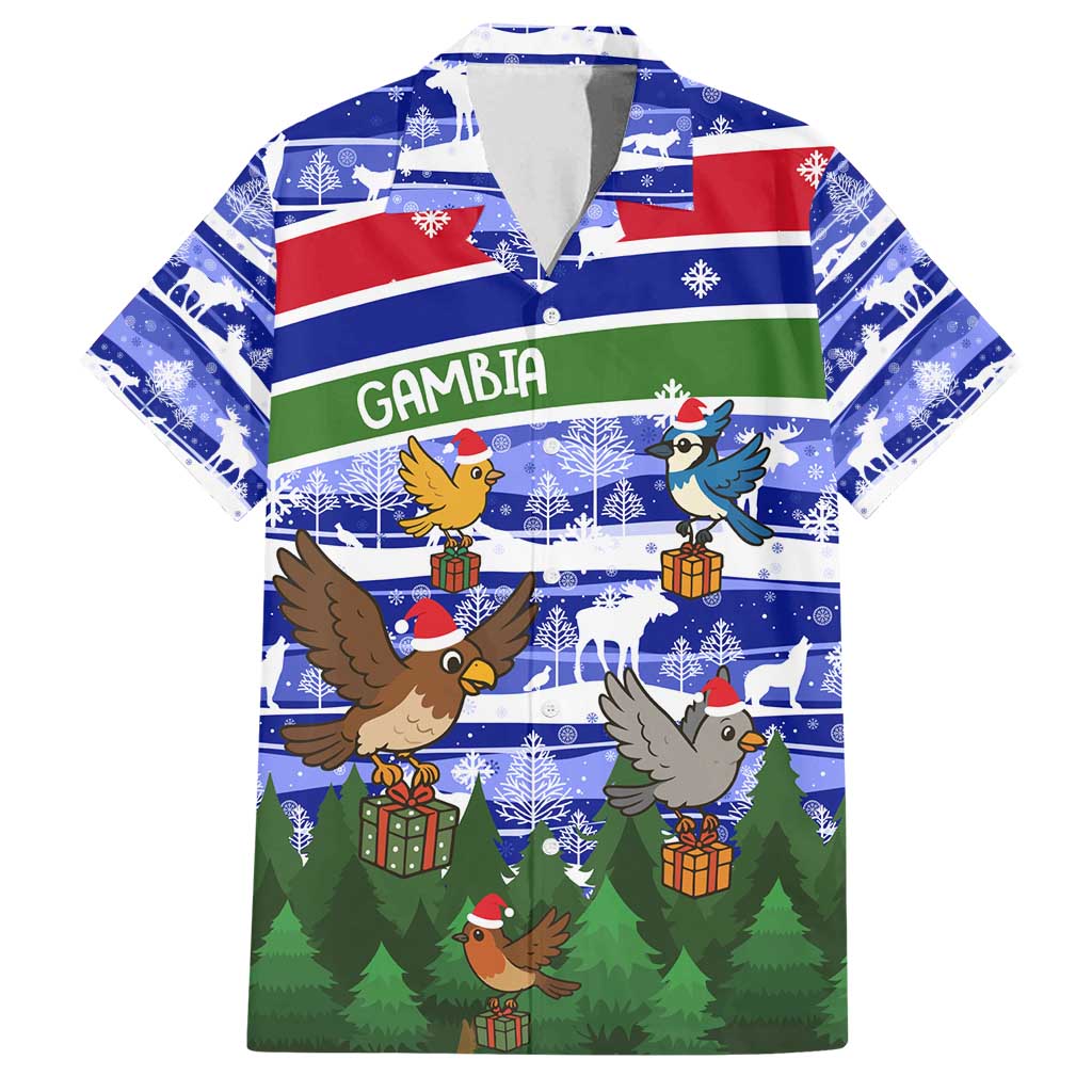 Gambia Christmas Family Matching Puletasi and Hawaiian Shirt with Santa Birds Gift Boxes Forest Scene and Snowflake Pattern Design - Wonder Print Shop