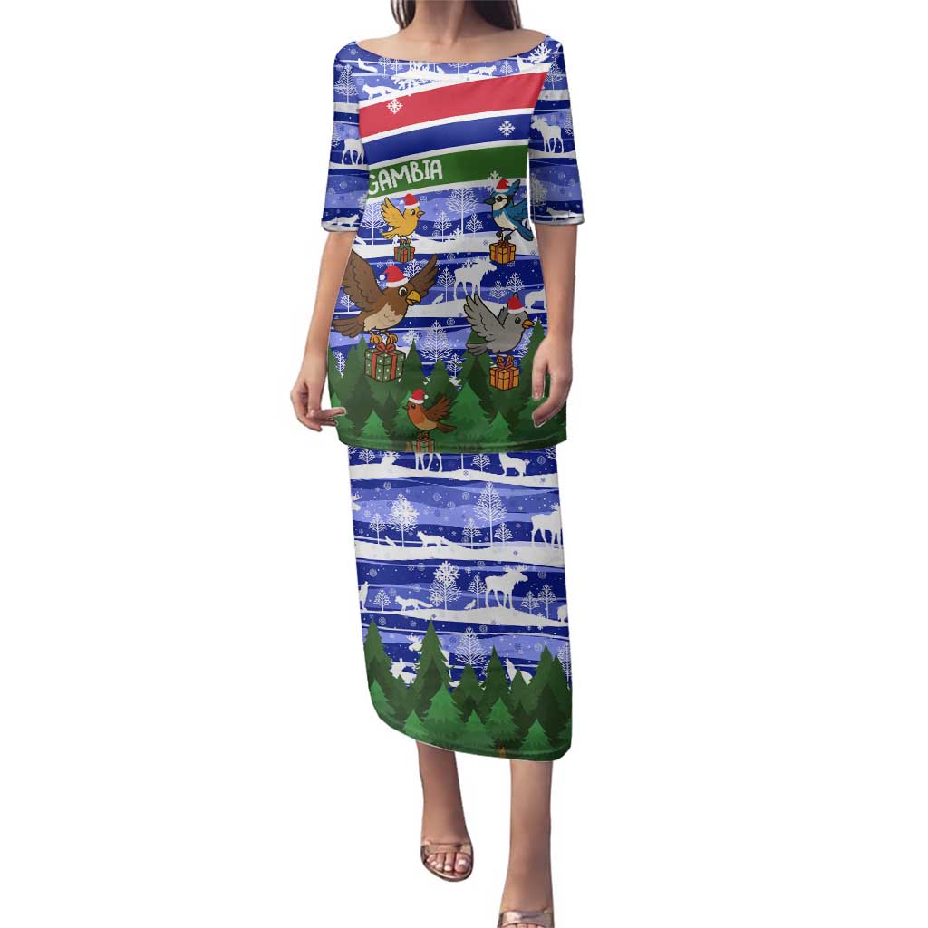 Gambia Christmas Family Matching Puletasi and Hawaiian Shirt with Santa Birds Gift Boxes Forest Scene and Snowflake Pattern Design - Wonder Print Shop