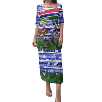 Gambia Christmas Family Matching Puletasi and Hawaiian Shirt with Santa Birds Gift Boxes Forest Scene and Snowflake Pattern Design - Wonder Print Shop