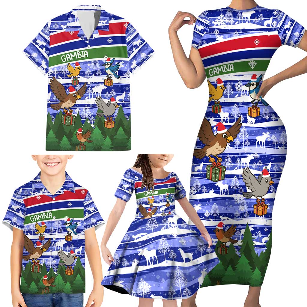 Gambia Christmas Family Matching Short Sleeve Bodycon Dress and Hawaiian Shirt with Santa Birds Gift Boxes Forest Scene and Snowflake Pattern Design - Wonder Print Shop