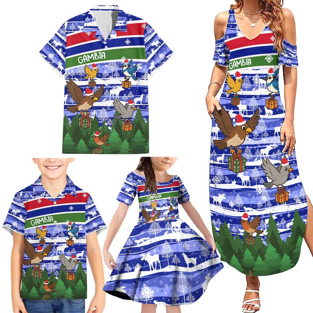 Gambia Christmas Family Matching Summer Maxi Dress and Hawaiian Shirt with Santa Birds Gift Boxes Forest Scene and Snowflake Pattern Design - Wonder Print Shop