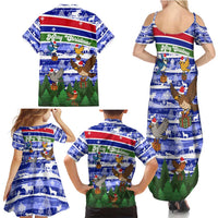 Gambia Christmas Family Matching Summer Maxi Dress and Hawaiian Shirt with Santa Birds Gift Boxes Forest Scene and Snowflake Pattern Design - Wonder Print Shop