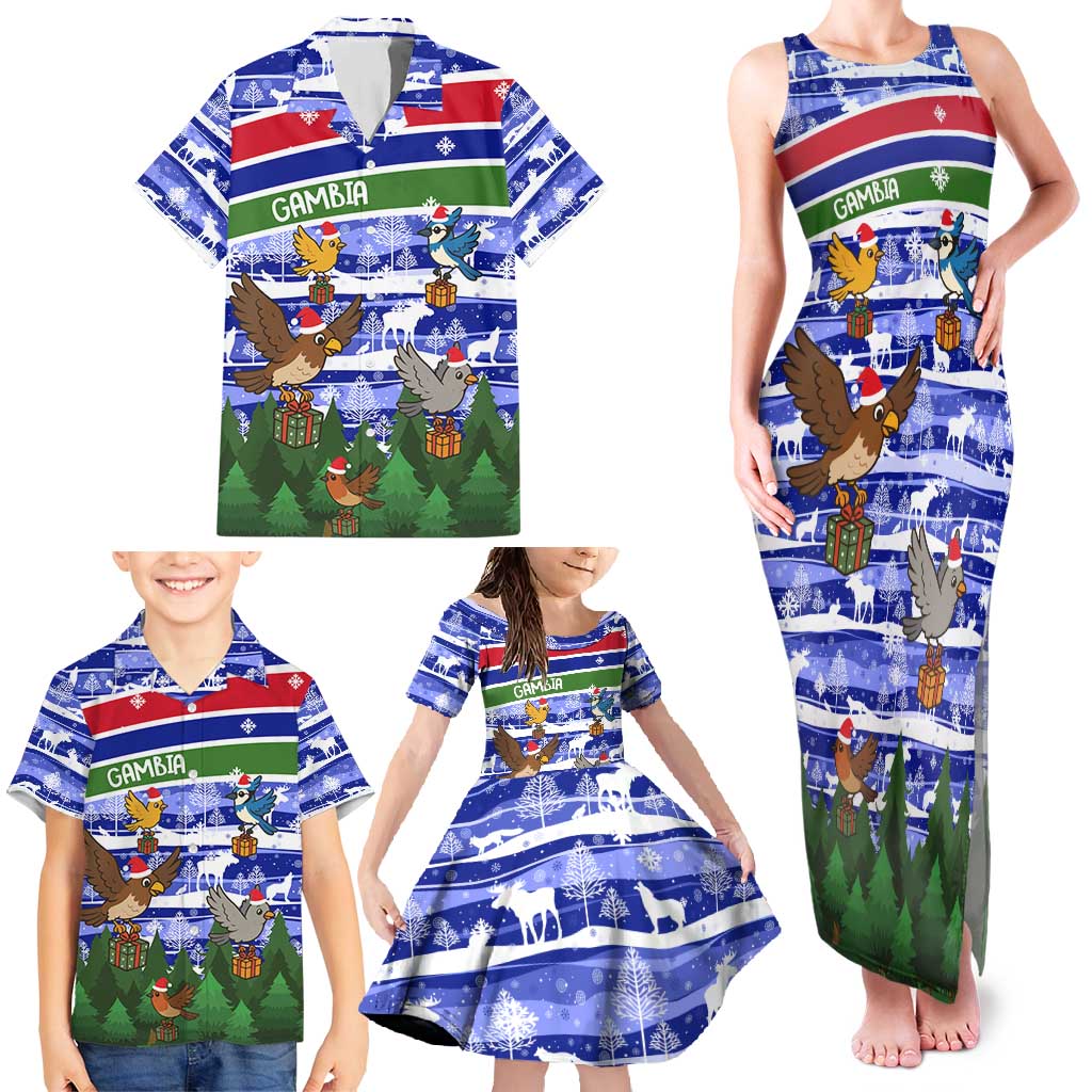 Gambia Christmas Family Matching Tank Maxi Dress and Hawaiian Shirt with Santa Birds Gift Boxes Forest Scene and Snowflake Pattern Design - Wonder Print Shop