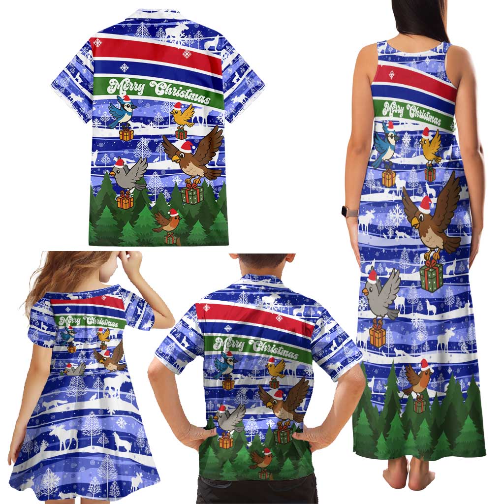 Gambia Christmas Family Matching Tank Maxi Dress and Hawaiian Shirt with Santa Birds Gift Boxes Forest Scene and Snowflake Pattern Design - Wonder Print Shop
