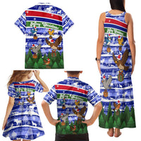 Gambia Christmas Family Matching Tank Maxi Dress and Hawaiian Shirt with Santa Birds Gift Boxes Forest Scene and Snowflake Pattern Design - Wonder Print Shop