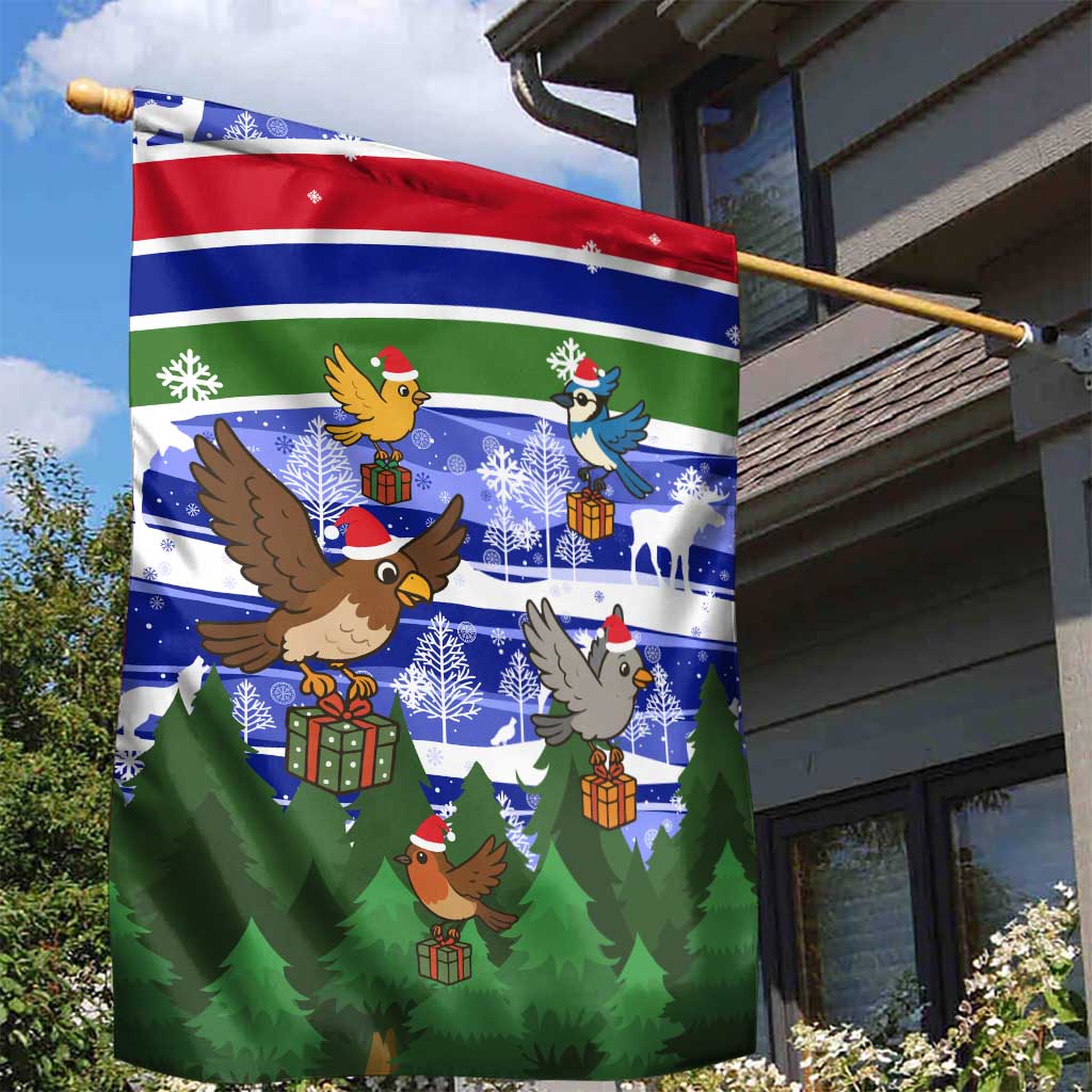 Gambia Christmas Garden Flag with Santa Birds Gift Boxes Forest Scene and Snowflake Pattern Design - Wonder Print Shop