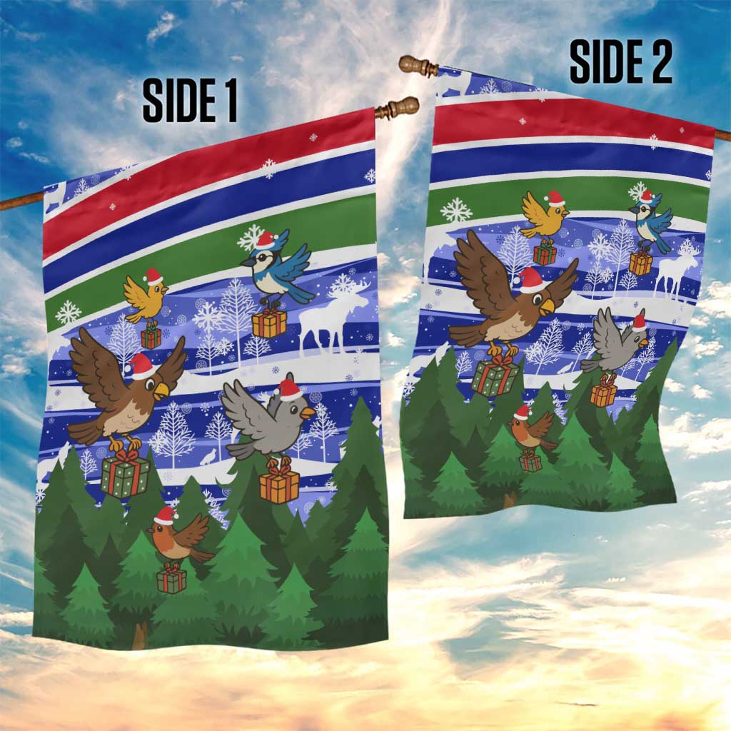 Gambia Christmas Garden Flag with Santa Birds Gift Boxes Forest Scene and Snowflake Pattern Design - Wonder Print Shop