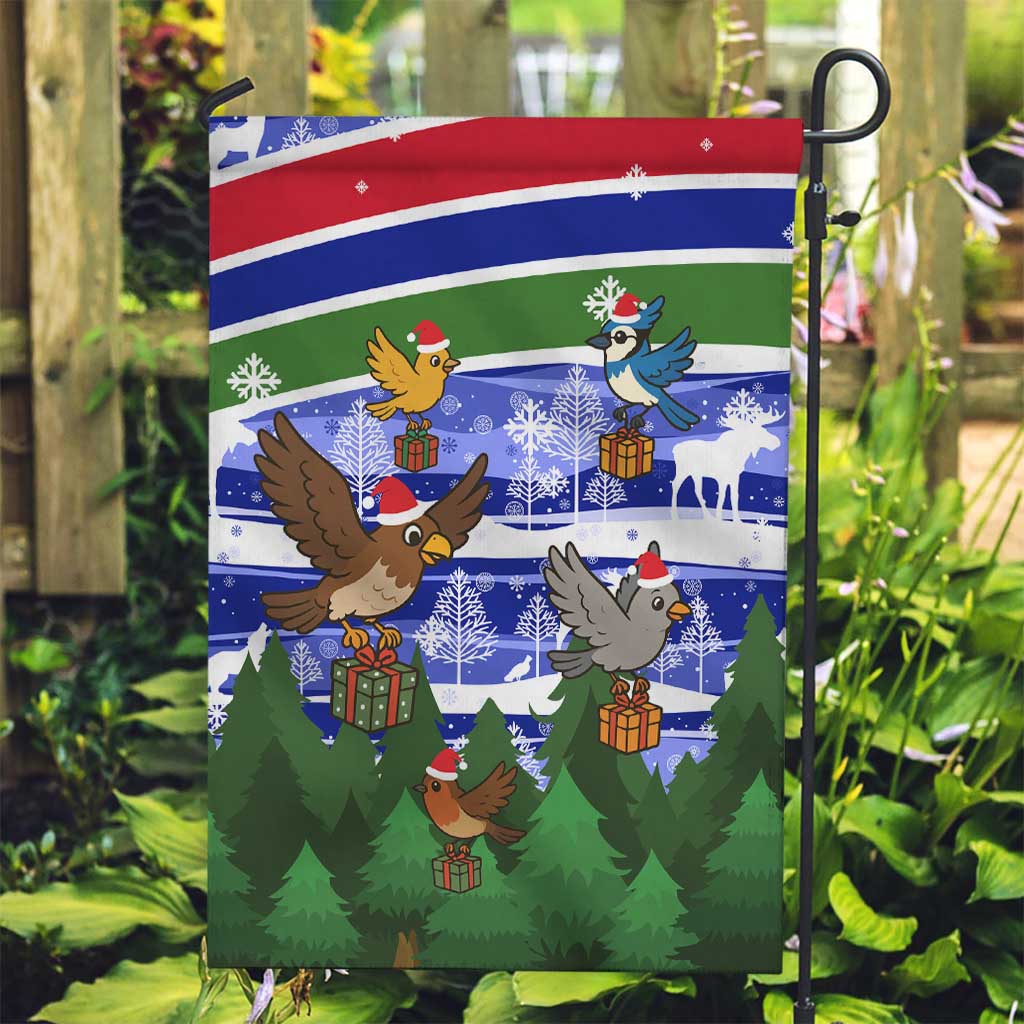 Gambia Christmas Garden Flag with Santa Birds Gift Boxes Forest Scene and Snowflake Pattern Design - Wonder Print Shop