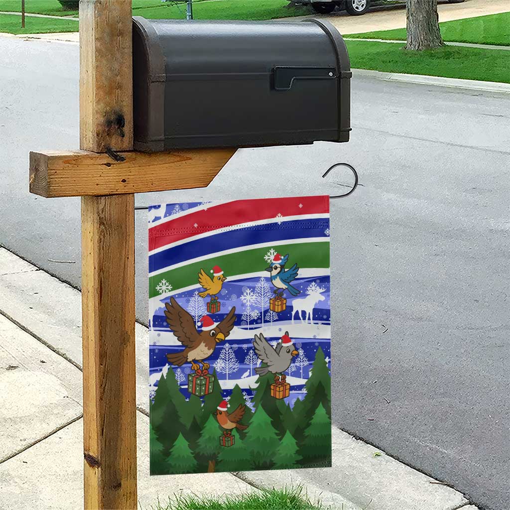 Gambia Christmas Garden Flag with Santa Birds Gift Boxes Forest Scene and Snowflake Pattern Design - Wonder Print Shop