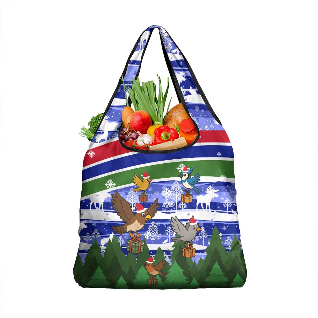 Gambia Christmas Grocery Bag with Santa Birds Gift Boxes Forest Scene and Snowflake Pattern Design - Wonder Print Shop