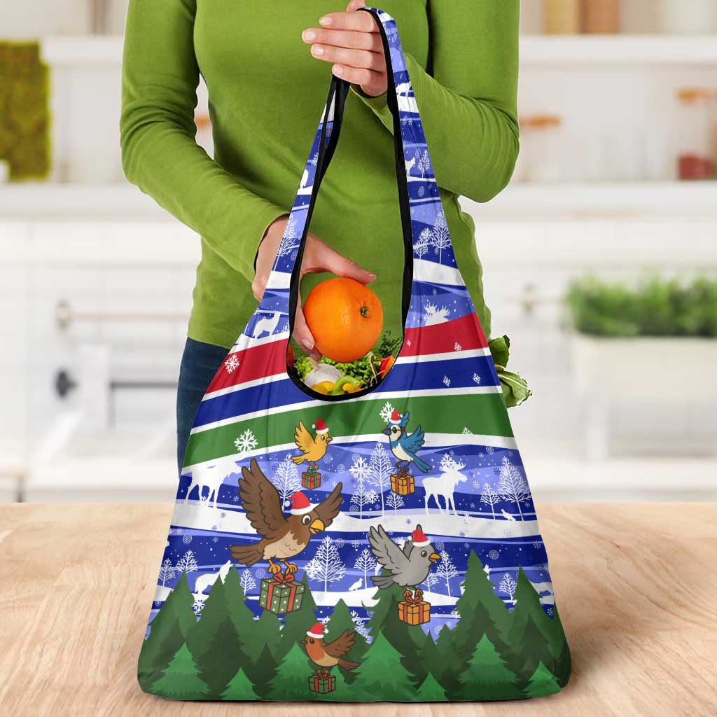 Gambia Christmas Grocery Bag with Santa Birds Gift Boxes Forest Scene and Snowflake Pattern Design - Wonder Print Shop