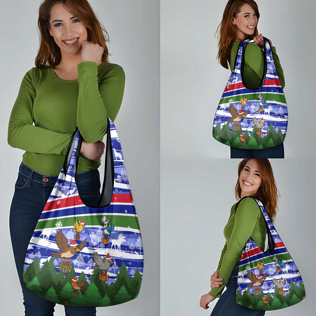 Gambia Christmas Grocery Bag with Santa Birds Gift Boxes Forest Scene and Snowflake Pattern Design - Wonder Print Shop