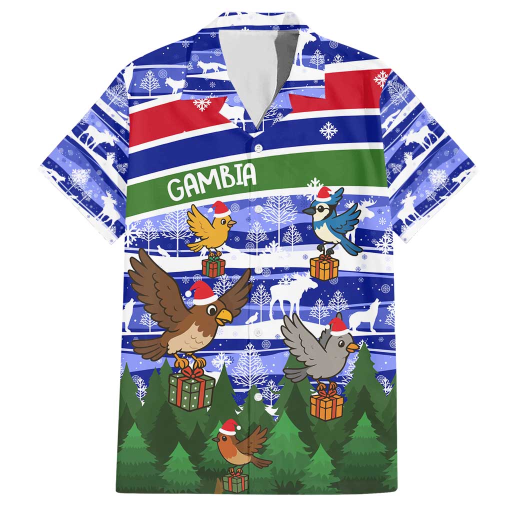Gambia Christmas Hawaiian Shirt with Santa Birds Gift Boxes Forest Scene and Snowflake Pattern Design - Wonder Print Shop